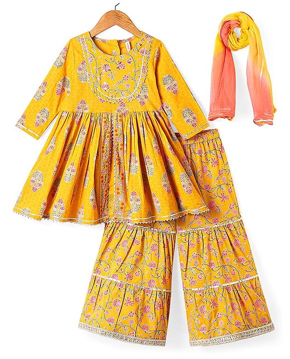 Babyhug Cotton Woven Three Fourth Sleeves Floral Printed Kurti Gharara Set with Dupatta & Lace Detailing - Yellow