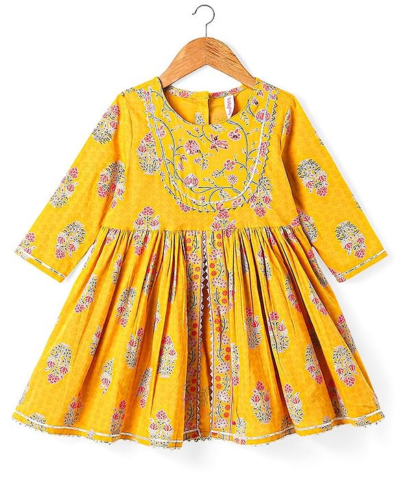 Babyhug Cotton Woven Three Fourth Sleeves Floral Printed Kurti Gharara Set with Dupatta & Lace Detailing - Yellow