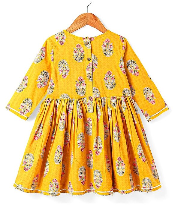 Babyhug Cotton Woven Three Fourth Sleeves Floral Printed Kurti Gharara Set with Dupatta & Lace Detailing - Yellow