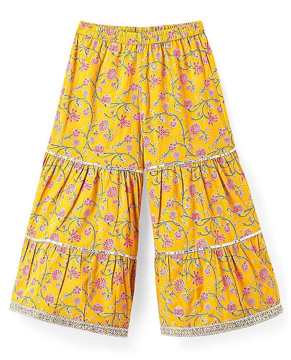 Babyhug Cotton Woven Three Fourth Sleeves Floral Printed Kurti Gharara Set with Dupatta & Lace Detailing - Yellow