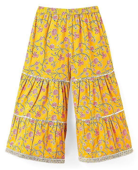 Babyhug Cotton Woven Three Fourth Sleeves Floral Printed Kurti Gharara Set with Dupatta & Lace Detailing - Yellow