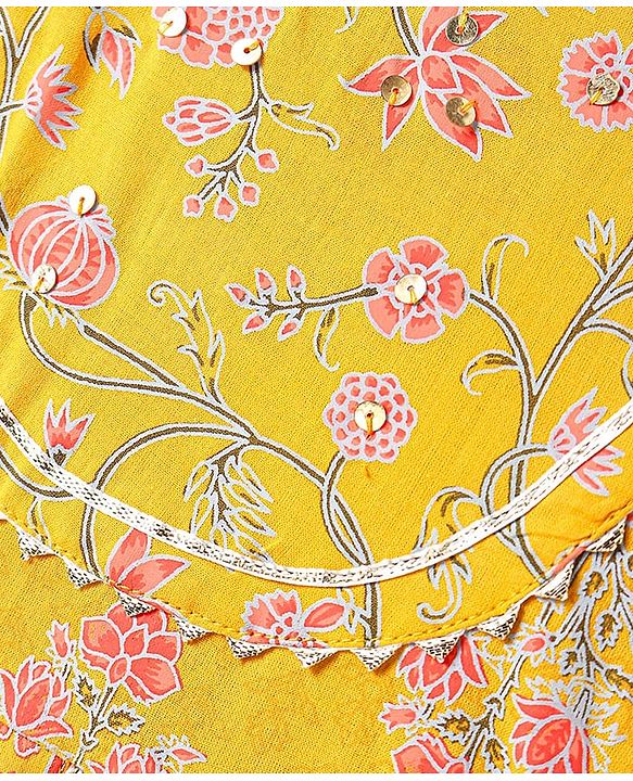 Babyhug Cotton Woven Three Fourth Sleeves Floral Printed Kurti Gharara Set with Dupatta & Lace Detailing - Yellow