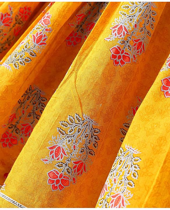 Babyhug Cotton Woven Three Fourth Sleeves Floral Printed Kurti Gharara Set with Dupatta & Lace Detailing - Yellow