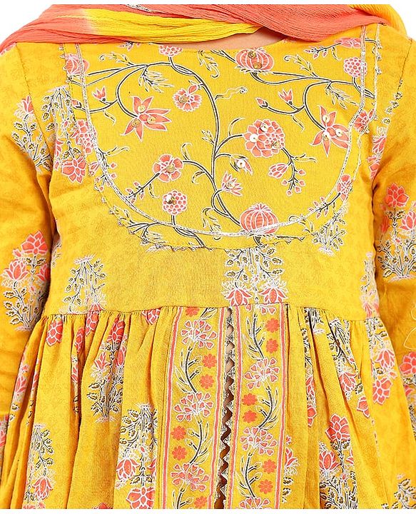 Babyhug Cotton Woven Three Fourth Sleeves Floral Printed Kurti Gharara Set with Dupatta & Lace Detailing - Yellow