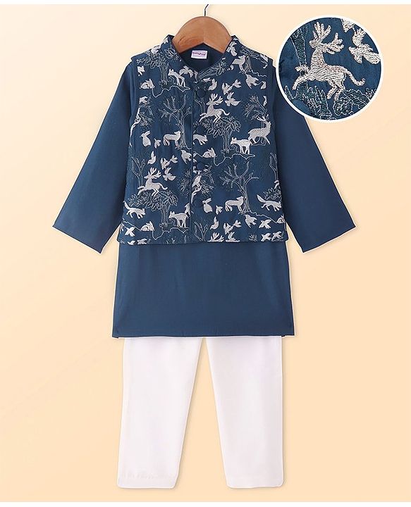 Babyhug Woven Full Sleeves Solid Colour Kurta Pyjama Set with Animal Embroidered Nehru Jacket - Navy Blue
