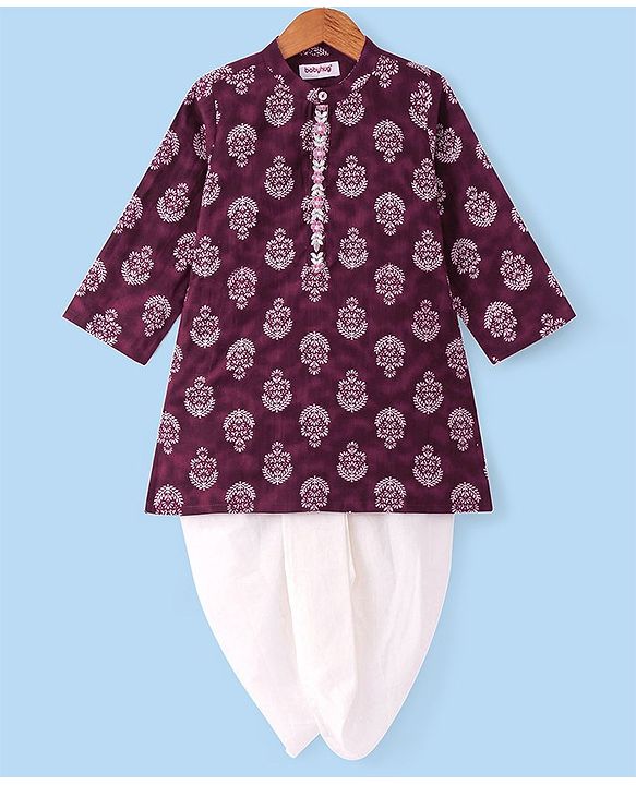 Babyhug Woven Full Sleeves Floral Printed Kurta Dhoti  Set - Wine
