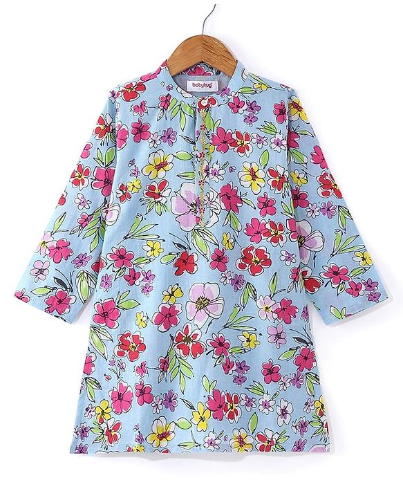 Babyhug Cotton Woven Full Sleeves Kurta Dhoti Set with Floral Print - Blue & Green