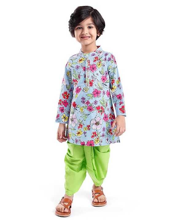 Babyhug Cotton Woven Full Sleeves Kurta Dhoti Set with Floral Print - Blue & Green