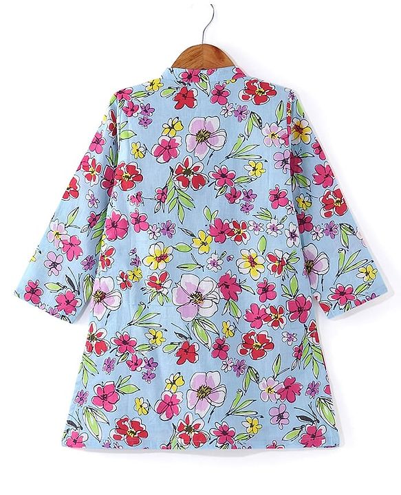 Babyhug Cotton Woven Full Sleeves Kurta Dhoti Set with Floral Print - Blue & Green