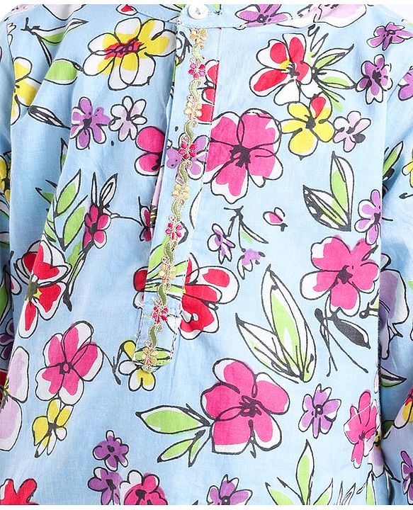 Babyhug Cotton Woven Full Sleeves Kurta Dhoti Set with Floral Print - Blue & Green