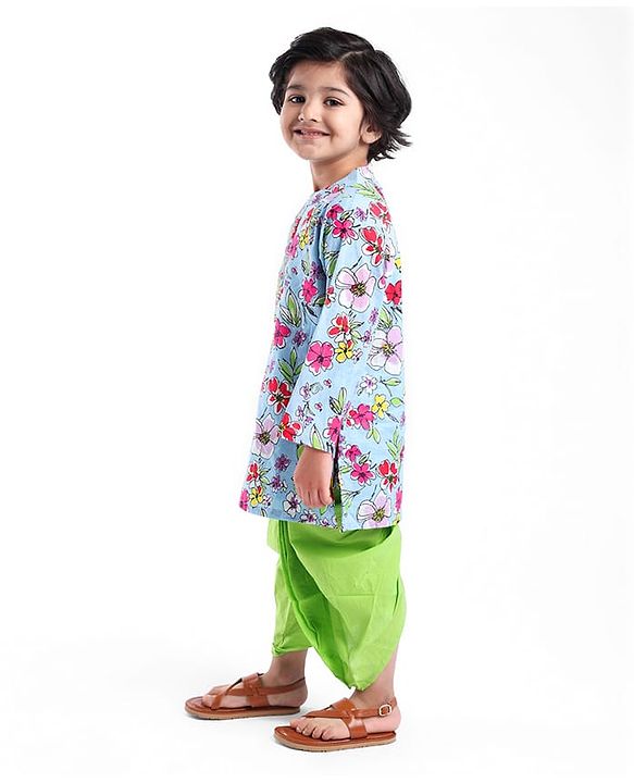 Babyhug Cotton Woven Full Sleeves Kurta Dhoti Set with Floral Print - Blue & Green