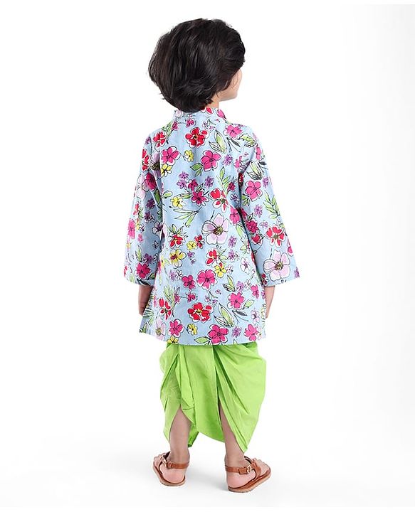 Babyhug Cotton Woven Full Sleeves Kurta Dhoti Set with Floral Print - Blue & Green