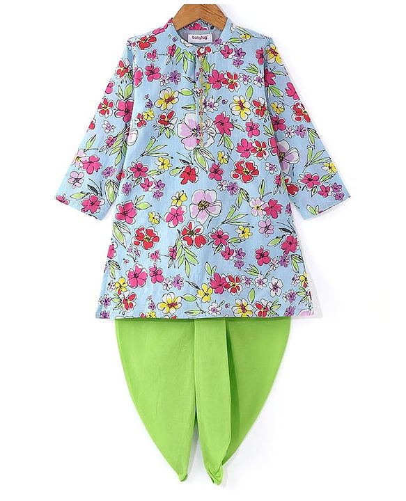Babyhug Cotton Woven Full Sleeves Kurta Dhoti Set with Floral Print - Blue & Green