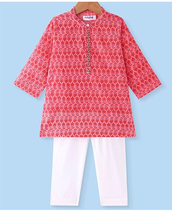 Babyhug Cotton Woven Full Sleeves Kurta Pyjama Set Floral Print - Peach