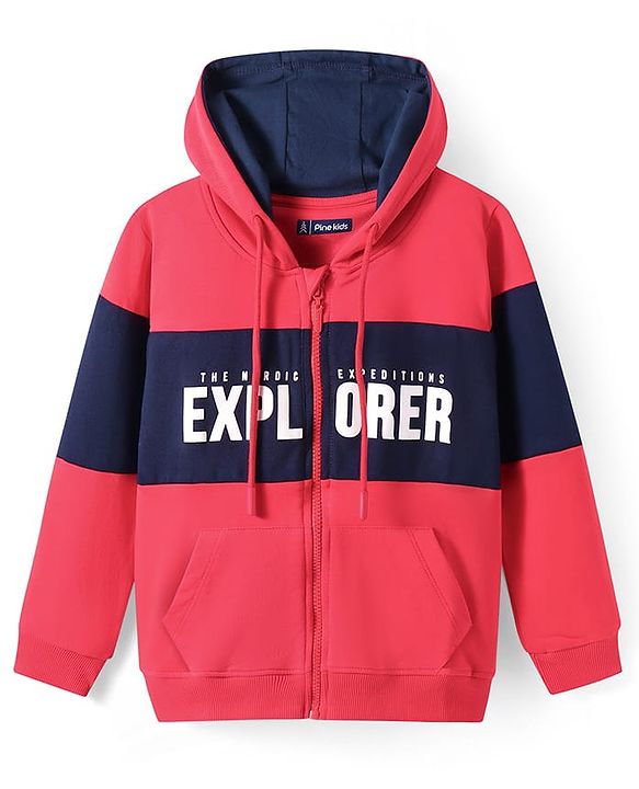 Pine Kids Cotton Knit Full Sleeves Hooded Sweat Jacket With Text Print - Red