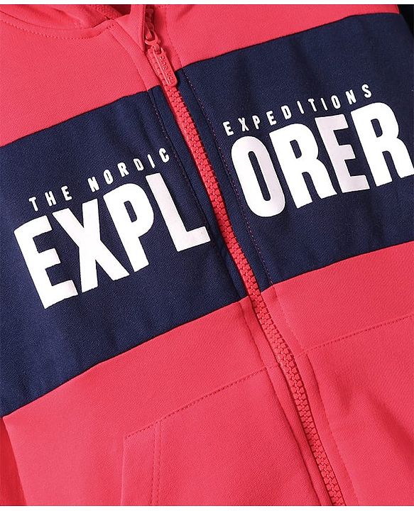 Pine Kids Cotton Knit Full Sleeves Hooded Sweat Jacket With Text Print - Red