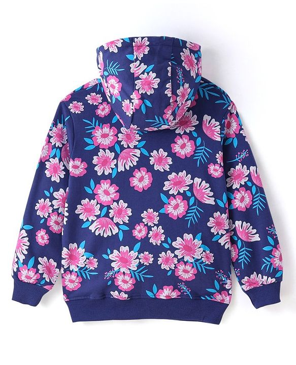 Pine Kids Cotton Knit Full Sleeves Sweatjacket with Floral Print - Navy Blue
