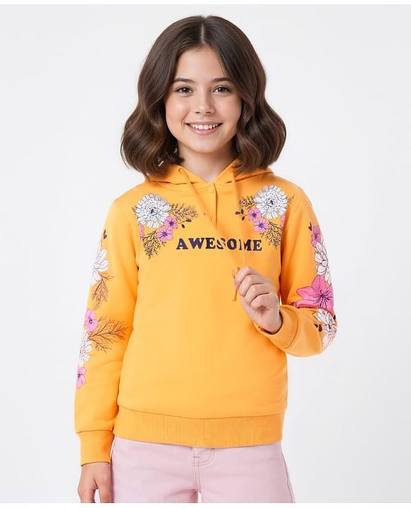 Pine Kids Cotton Knit Full Sleeves Hooded Sweatshirt with Floral Print - Mustard