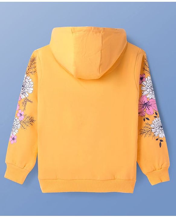 Pine Kids Cotton Knit Full Sleeves Hooded Sweatshirt with Floral Print - Mustard