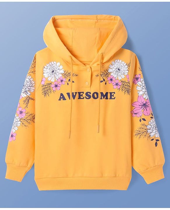 Pine Kids Cotton Knit Full Sleeves Hooded Sweatshirt with Floral Print - Mustard