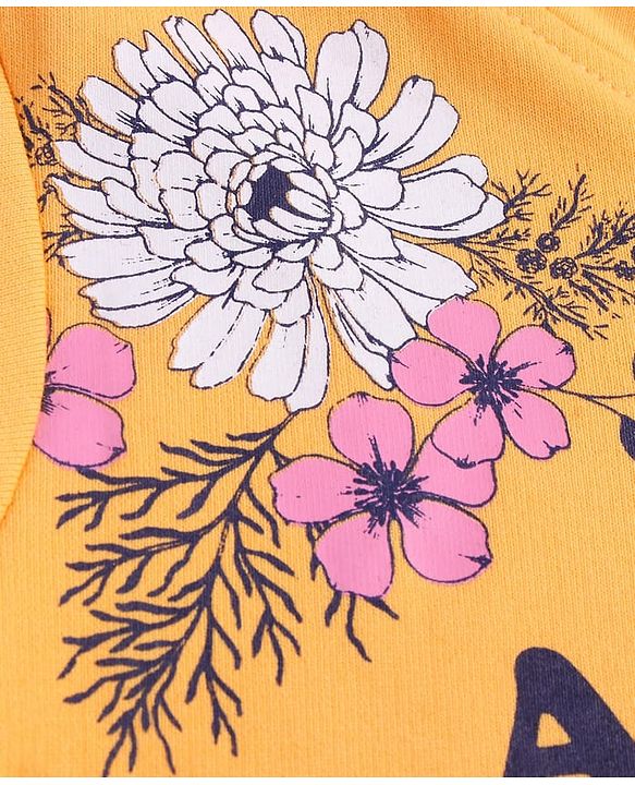 Pine Kids Cotton Knit Full Sleeves Hooded Sweatshirt with Floral Print - Mustard