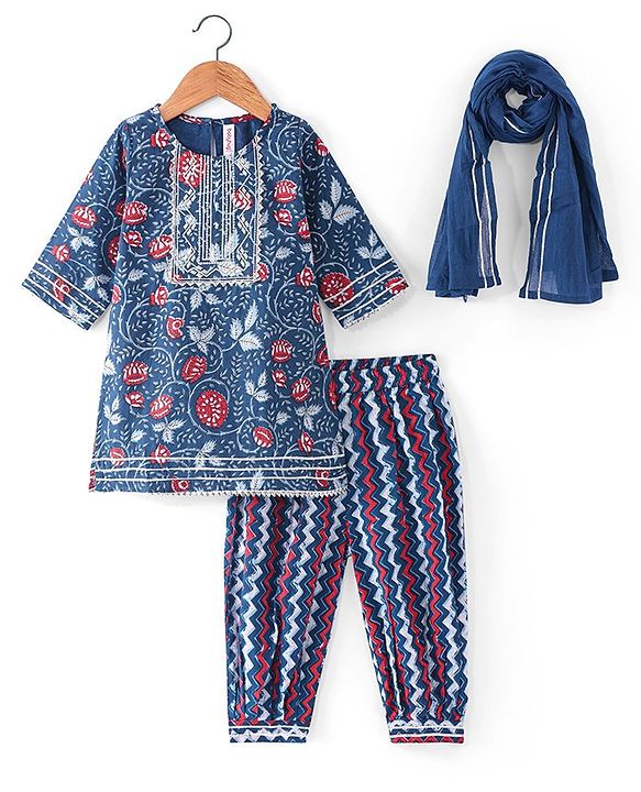Babyhug Woven Three Fourth Sleeves  Floral & Chevron Printed Kurta Salwar Set with Dupatta & Lace Detailing - Navy Blue