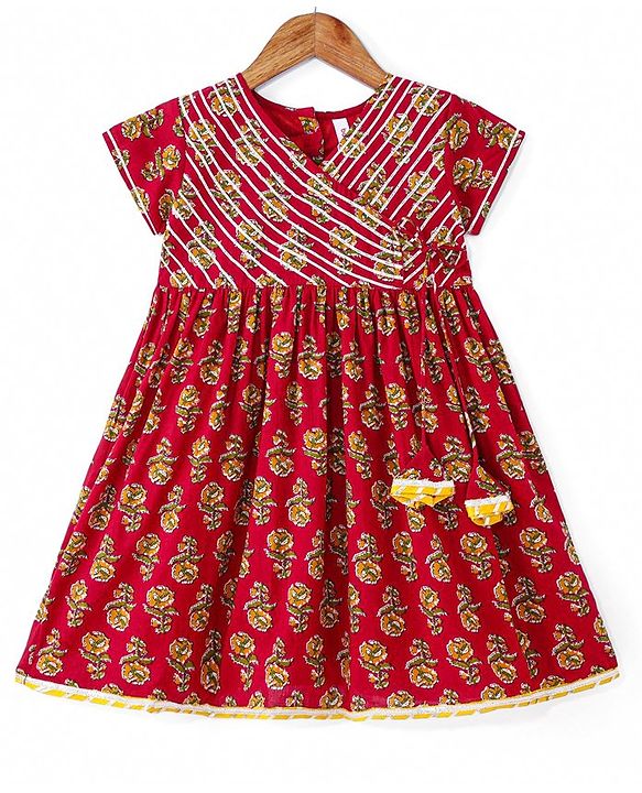 Babyhug Cotton Woven Floral Printed Half Sleeves Ethnic Dress with Tassle Detailing -  Red