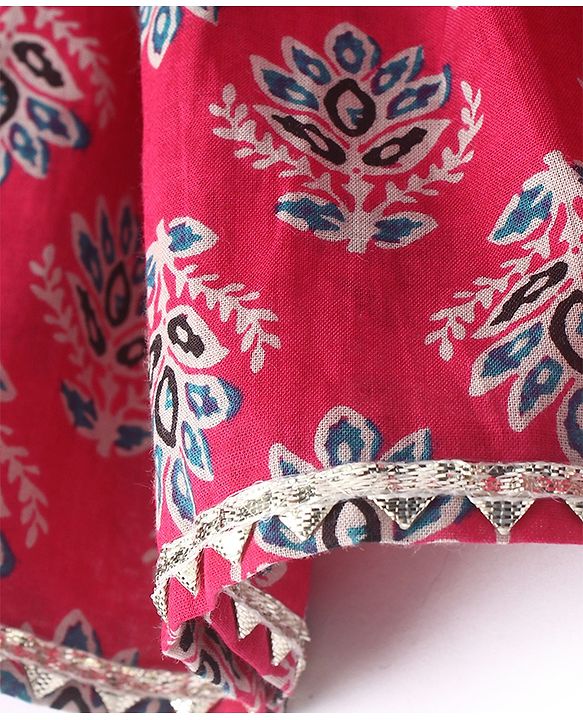 Babyhug Cotton Woven Floral Printed Half Sleeves Ethnic Dress with Tassle Detailing -  Red