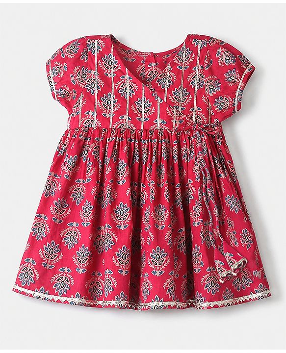 Babyhug Cotton Woven Floral Printed Half Sleeves Ethnic Dress with Tassle Detailing -  Red