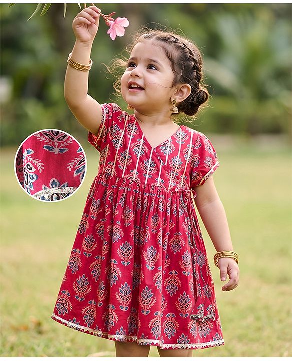Babyhug Cotton Woven Floral Printed Half Sleeves Ethnic Dress with Tassle Detailing -  Red