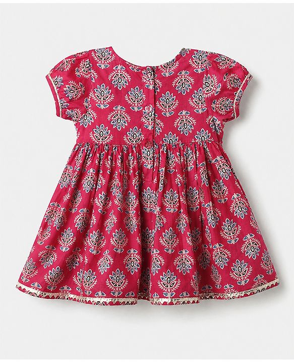Babyhug Cotton Woven Floral Printed Half Sleeves Ethnic Dress with Tassle Detailing -  Red