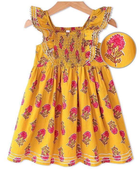 Babyhug Cotton Woven Cap Sleeves Floral Printed Ethnic Dress - Yellow