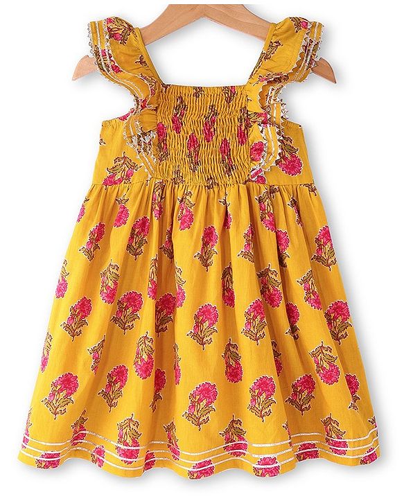 Babyhug Cotton Woven Cap Sleeves Floral Printed Ethnic Dress - Yellow