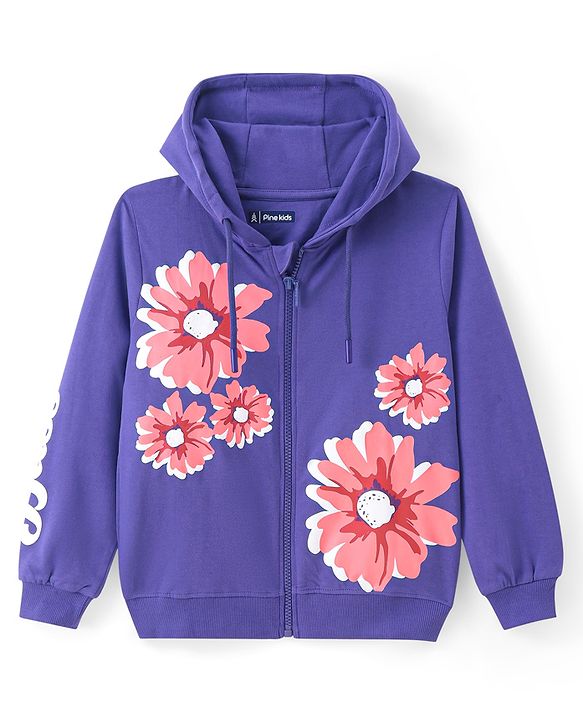 Pine Kids Knit Full Sleeves Hooded Front Open Sweat Jacket Floral & Text Design - Purple