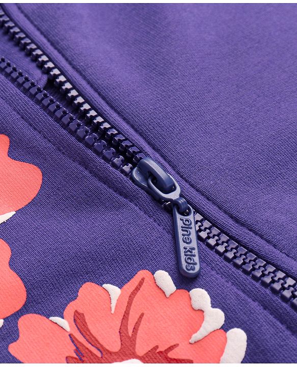 Pine Kids Knit Full Sleeves Hooded Front Open Sweat Jacket Floral & Text Design - Purple