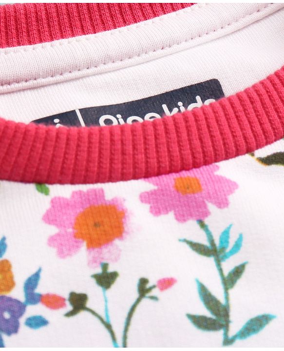 Pine Kids Cotton Knit Full Sleeves Drop Shoulder Sweatshirt with Floral & Puff Text Print - White