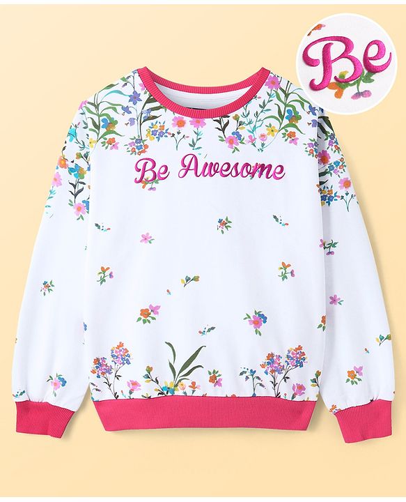 Pine Kids Cotton Knit Full Sleeves Drop Shoulder Sweatshirt with Floral & Puff Text Print - White