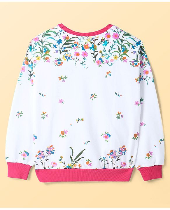 Pine Kids Cotton Knit Full Sleeves Drop Shoulder Sweatshirt with Floral & Puff Text Print - White