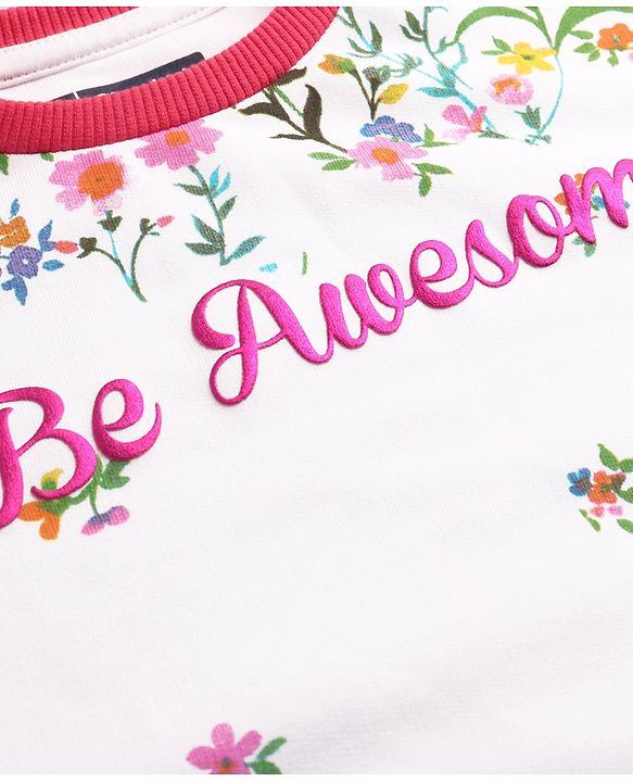 Pine Kids Cotton Knit Full Sleeves Drop Shoulder Sweatshirt with Floral & Puff Text Print - White