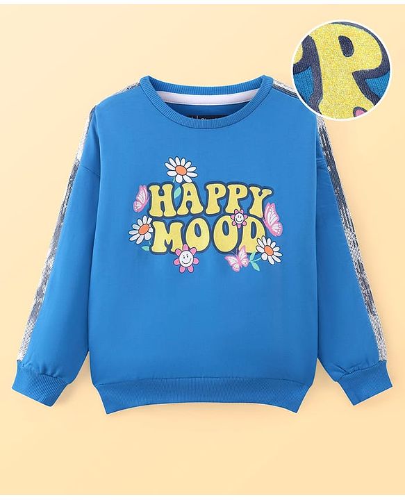 Pine Kids Cotton Knit Full Drop Sleeves Sweat Shirt with Sequinned detailing & Floral  Text Print - Blue