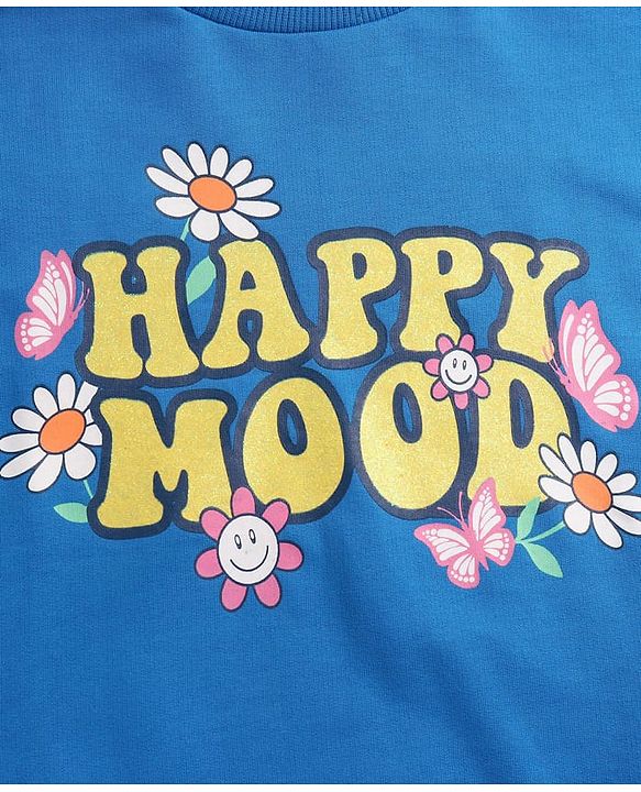 Pine Kids Cotton Knit Full Drop Sleeves Sweat Shirt with Sequinned detailing & Floral  Text Print - Blue