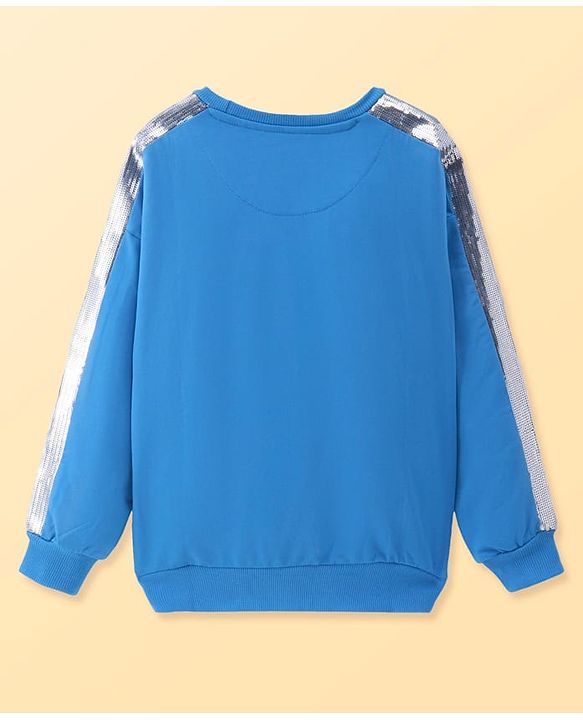 Pine Kids Cotton Knit Full Drop Sleeves Sweat Shirt with Sequinned detailing & Floral  Text Print - Blue