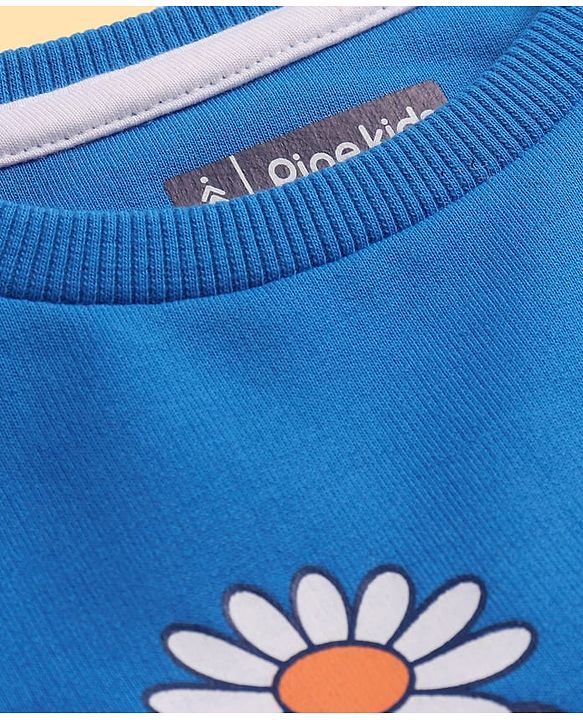 Pine Kids Cotton Knit Full Drop Sleeves Sweat Shirt with Sequinned detailing & Floral  Text Print - Blue