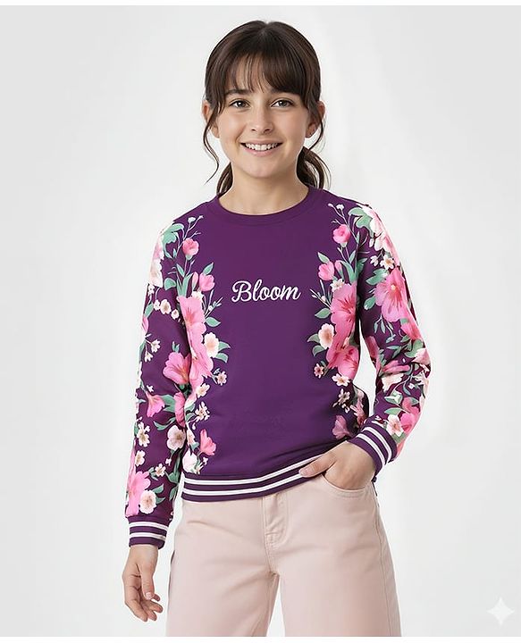 Pine Kids Cotton Knit Full Drop Shoulder Sleeves Sweatshirt with Floral Print - Purple