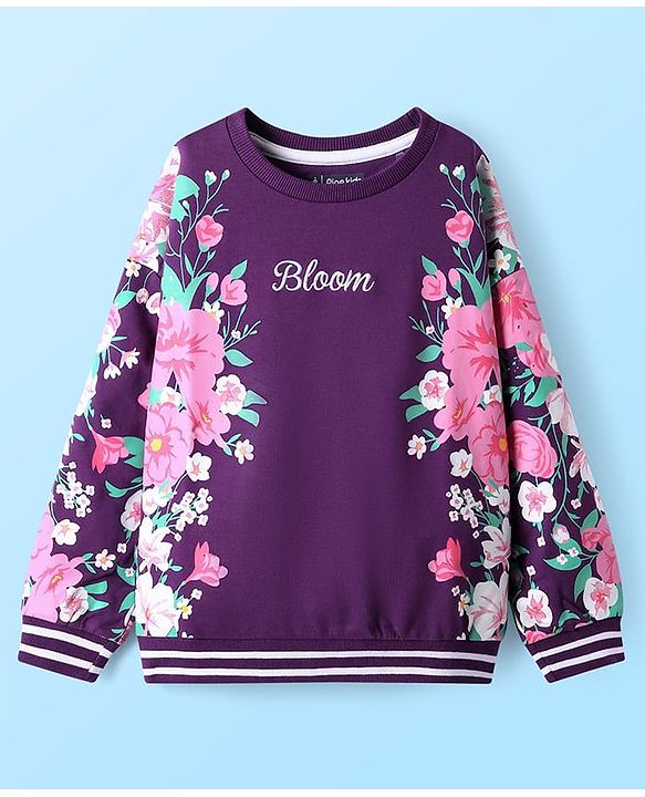 Pine Kids Cotton Knit Full Drop Shoulder Sleeves Sweatshirt with Floral Print - Purple