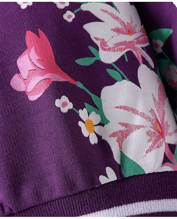 Pine Kids Cotton Knit Full Drop Shoulder Sleeves Sweatshirt with Floral Print - Purple