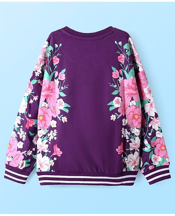 Pine Kids Cotton Knit Full Drop Shoulder Sleeves Sweatshirt with Floral Print - Purple