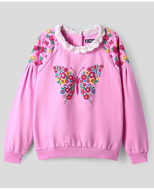Pine Kids Cotton Knit Full Raglan Drop Shoulder Sleeves Sweatshirt with Floral Embroidery & Lace Detailing - Pink