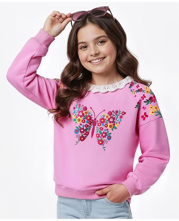 Pine Kids Cotton Knit Full Raglan Drop Shoulder Sleeves Sweatshirt with Floral Embroidery & Lace Detailing - Pink