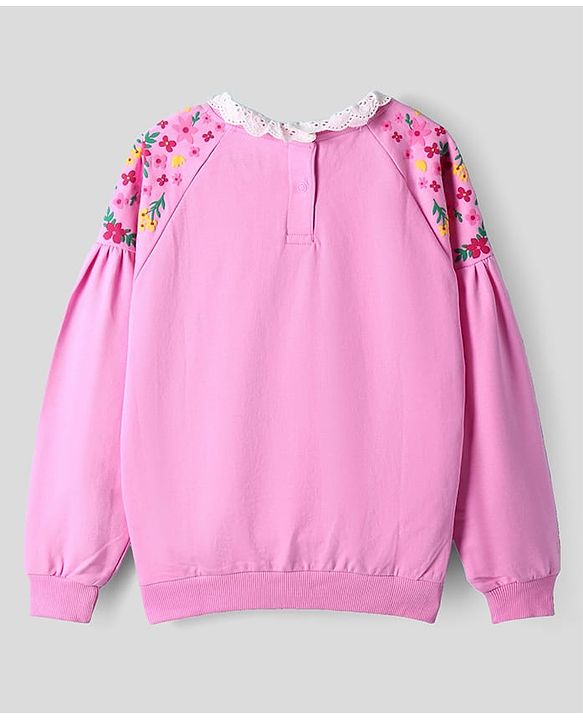 Pine Kids Cotton Knit Full Raglan Drop Shoulder Sleeves Sweatshirt with Floral Embroidery & Lace Detailing - Pink